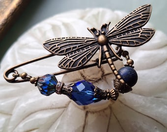Dragonfly lapis lazuli pin in Art Nouveau style, scarf pin with pearls in blue dark blue N-7-AB-43