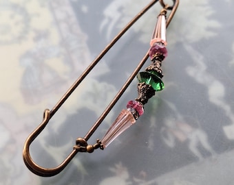 Antique pearl scarf pin Art Deco style, 10 cm long kilt pin glass beads from Gablonz 1920s N10-AB-43