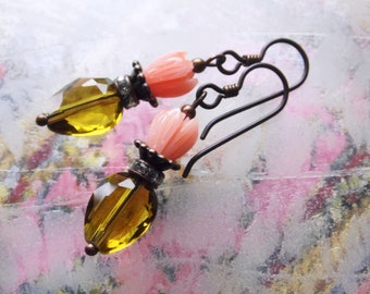 Blossom Earrings Crystal Olive Coral - Hypoallergenic Niobium Dangle Earrings