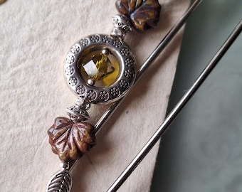 Scarf pin, crystal cube, maple leaves, kilt pin, olive, autumn colors, silver, 10 cm, N10-S-19