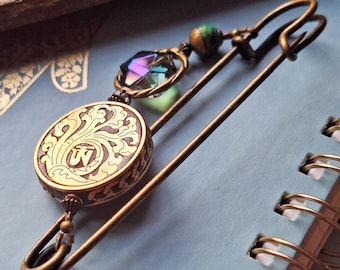 Large shawl pin Om brass ornament, XXL bronze jewelry pin floral, green, pink and turquoise N10-AB-45