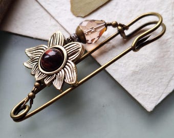 Shawl pin Lotus red tiger eye and crystal, sparkling scarf pin reddish brown and bronze burgundy rosewood N-7-AB-33
