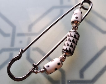 Scarf pin Dalmatian chessboard - very large white black decorative pin ceramic N10-G-7