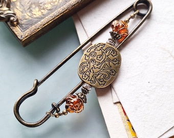 large scarf pin autumn with flowers bronze ornament, decorative pin floral, cloth pin with amber beads gift N10-AB-3