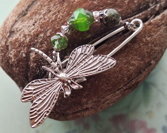 Small green silver Art Nouveau shawl pin dragonfly scarf pin fire-colored brooch N-7-S-12