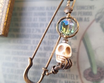 Scarf pin Gothic, very large bronze scarf pin with skeleton hand and skull made of holite macabre jewelry N10-AB-4