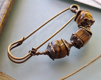 Tiger eye shawl pin bronze gemstone cube beads kilt pin N-7-AB-30
