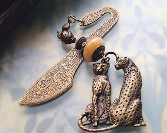 Cheetah bookmark, Art Deco bronze bookmark, leopard pair, gift for a book