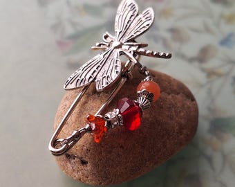 Small silver shawl pin dragonfly red Art Nouveau scarf pin fire-colored brooch N-7-S-13