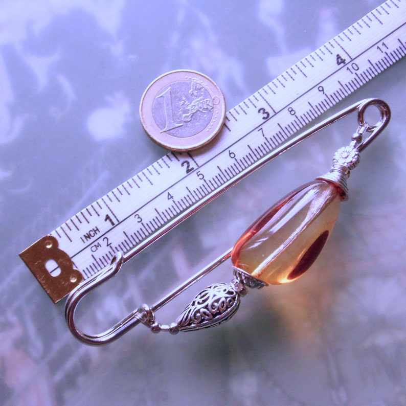 Schalnadel Honiggelb silber böhmisches Glas, 10cm lange Kiltnadel mit großem Glasnugget Herbst Bild 3