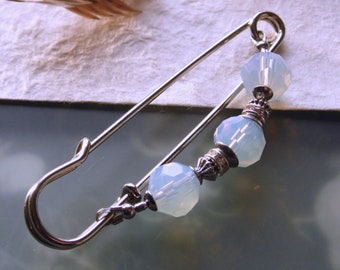 Large silver-colored cloth pin with opal glass beads opalite kilt pin