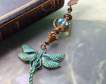Dragonfly Bookmark, Autumn Magic, Large Bronze Bookmark with Jade Beads, Luxury Gift for Books LZB-AB-3