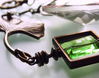 Suncatcher Ginkgo with large rainbow crystal, green crystal beads and bronze SF-AB-12