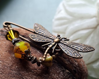 Art Nouveau dragonfly pin in Chartreuse, scarf pin with pearls in olive yellow-green N-7-AB-45