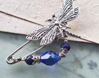 Scarf pin dragonfly blue in Art Nouveau style scarf pin lapis lazuli brooch silver N-7-S-10