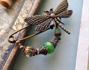 Art Nouveau dragonfly green opal pin, scarf pin with Bohemian glass beads in shades of green N-7-AB-44