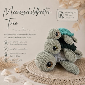 Häkelanleitung Amigurumi Meeresschildkröte 3 in 1 Kuscheltier PDF Anleitung deutsch / Seaturtle pattern 3 sizes englisch