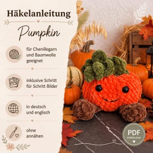 Könnte beinhalten: Eine Häkelanleitung für einen Kürbis mit Text auf Deutsch und Englisch. Das Bild zeigt ein gehäkeltes, orangefarbenes Kürbis-Stofftier mit dunkelgrünem Stiel und braunen Füßen, umgeben von echten Kürbissen und Herbstblättern auf einer dunklen Fläche.