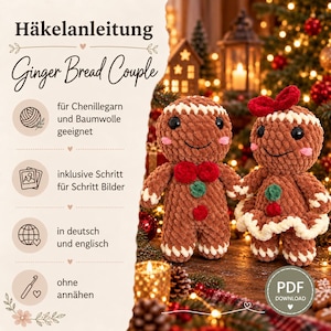 Könnte beinhalten: Eine Häkelanleitung für ein Lebkuchenpaar mit dem Text Häkelanleitung Ginger Bread Couple, geeignet für Chenillegarn und Baumwolle, inklusive Schritt-für-Schritt-Bildern, in Deutsch und Englisch, ohne Annähen, mit zwei gehäkelten Lebkuchenfiguren.