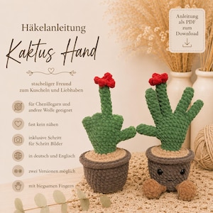 May include: Two crocheted cactus figures in dark brown pots. The left cactus has a red flower and a middle finger gesture. The right cactus has a red flower, three fingers, and a smiling face with black eyes and small brown feet at the base.
