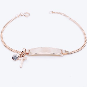 Girls and women&#39;s bracelet with engraving rose gold with cross pendant and white zirconia children&#39;s bracelet with engraving, baptism, communion, baby bracelet
