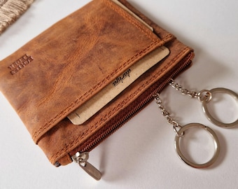 Key case with engraving Hunter leather personalizable wallet men&#39;s genuine leather brown Christmas gift for him Father&#39;s Day Birthday