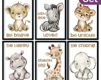 Poster Kinderzimmer Bilder Kinderbilder Babyzimmer Deko - Dschungeltiere beige - 6er Set A4
