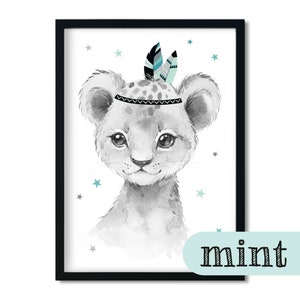 A4 / A3, poster per la cameretta dei bambini, immagini per la cameretta dei bambini, immagini per la cameretta dei bambini, decorazione per la cameretta dei bambini - leone - boho, piuma, menta, grigio, ragazza, ragazzo