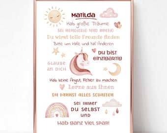 Bilder Kinderzimmer Mädchen Poster personalisiert Affirmationen Geschenk zur Einschulung Schuleinführung Schulkind Regenbogen Einhorn rosa