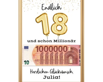 Geburtstagsgeschenk personalisiert 18. Geburtstag Geschenk I Endlich Millionär Erste Million I Geldgeschenk Geld verpacken I  Ballons - A4