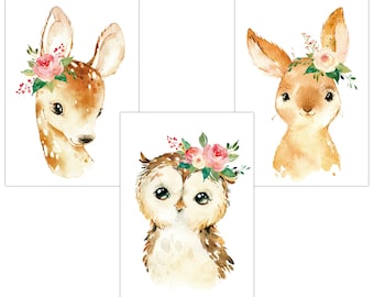 Children's room decoration, poster children's room, baby room pictures, children's room pictures girls - forest animals - flowers, rabbit, owl, deer - A4