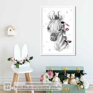 A4 / A3, poster per la cameretta dei bambini, immagini per la cameretta dei bambini, immagini per la cameretta dei bambini, decorazione per la cameretta dei bambini - zebra - boho, piuma, rosa, grigio, ragazza