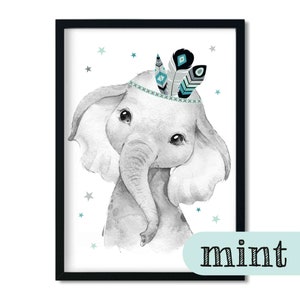A4 / A3, decorazione per la cameretta dei bambini, immagini della cameretta dei bambini, immagini della cameretta dei bambini, poster per la cameretta dei bambini - elefante - boho, piuma, menta, grigio, ragazza, ragazzo