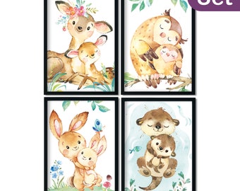 Baby room pictures, children's room posters, children's room pictures, children's room decoration - forest animals - set of 4, girl, boy - A4 / A3