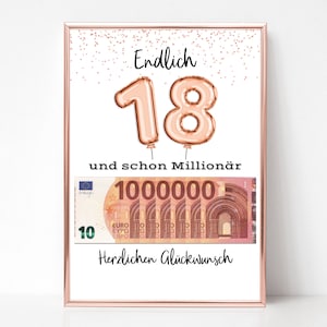 Geburtstagsgeschenk 18. Geburtstag Geschenk I Endlich Millionär I Geldgeschenk Geburtstagskarte I Ballons rosa roségold - A4
