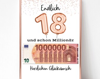 Geburtstagsgeschenk 18. Geburtstag Geschenk I Endlich Millionär I Geldgeschenk Geburtstagskarte I Ballons rosa roségold - A4