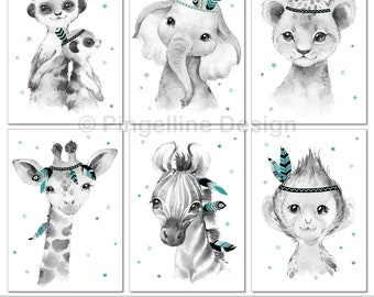 A4, poster children's room, children's room decoration, children's room pictures, baby room pictures - jungle animals - boho, feather, mint, girls, set of 6