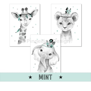 A4/A3, Kinderzimmer Poster, Babyzimmer Bilder, Kinderzimmer Deko, Kinderzimmer Bilder - Dschungeltiere - 3er Set, mint, Mädchen, Junge, Boho