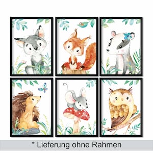 Immagini per la cameretta dei bambini, decorazione per la cameretta dei bambini, poster per la cameretta dei bambini, immagini per la cameretta dei bambini - animali della foresta - set da 6 - A5 / A4 / A3