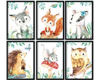 May include: Set of six watercolour illustrations featuring woodland animals. The animals include a fox, squirrel, badger, hedgehog, mouse, and owl. Each animal is depicted in a whimsical style with a white background and green foliage.