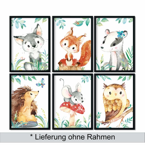 Children's room pictures, children's room decoration, children's room posters, baby room pictures - forest animals - set of 6 - A5 / A4 / A3