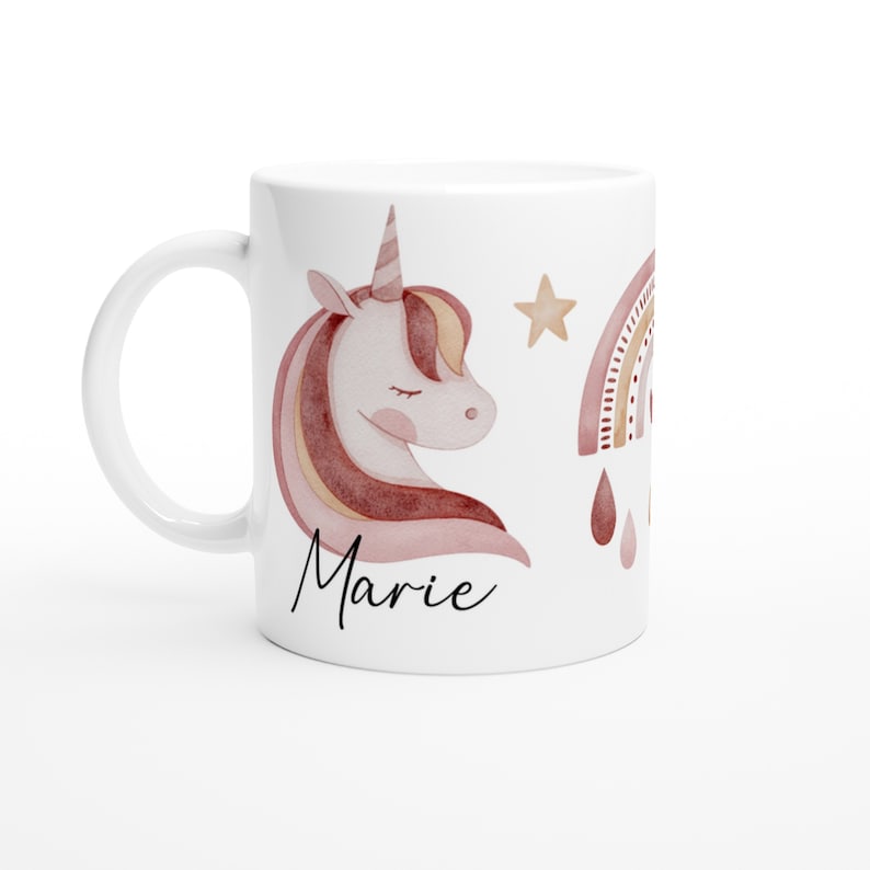 Personalized children's mug with name, children's mug, kindergarten mug for girls and boys, back-to-school gift, unicorn rainbow pink image 1