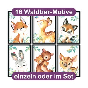 Bilder Kinderzimmer Poster, Kinderzimmer Deko Babyzimmer, Kinderbilder - Waldtiere - 16 Motive - A4 / A3
