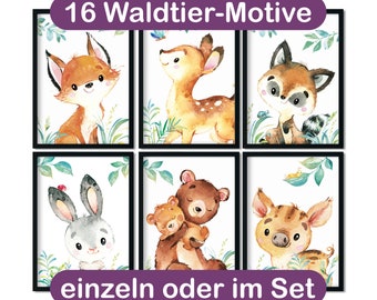 Bilder Kinderzimmer Poster, Kinderzimmer Deko Babyzimmer, Kinderbilder - Waldtiere - 16 Motive - A4 / A3