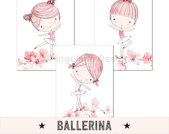 A4, children's room poster, children's room decoration, children's room pictures, baby room pictures - ballerina princess mermaid - set of 3 and 4 pink