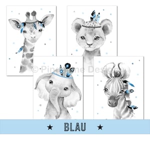 A4 / A3, poster per la camera dei bambini, decorazione della camera dei bambini, immagini della camera dei bambini, immagini della cameretta dei bambini - animali della giungla - set di 4 blu, boho, piume