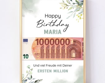 Geburtstagsgeschenk Frau / Geburtstag Geschenk Geld / Geldgeschenk personalisiert / Geld verpacken / Deine erste Million - A4