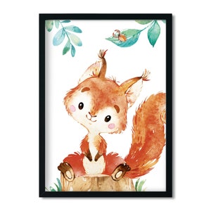 A5/ A4/ A3 Bilder Kinderzimmer, Kinderzimmer Poster * Waldtiere Eichhörnchen * Babyzimmer Deko, Junge, Mädchen, Kinderzimmer Bilder Aquarell
