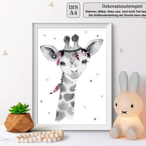 A4 / A3, poster per la cameretta dei bambini, immagini per la cameretta dei bambini, immagini per la cameretta dei bambini, decorazione per la cameretta dei bambini - giraffa - boho, piuma, rosa, grigio, ragazza