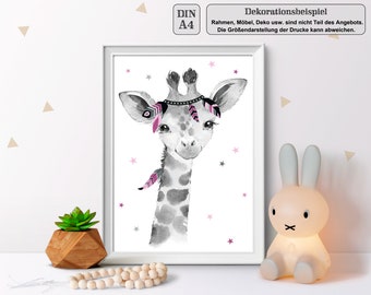 A4 / A3, Poster Kinderzimmer, Kinderzimmer Bilder, Babyzimmer Bilder, Kinderzimmer Deko - Giraffe - Boho, Feder, rosa, grau, Mädchen